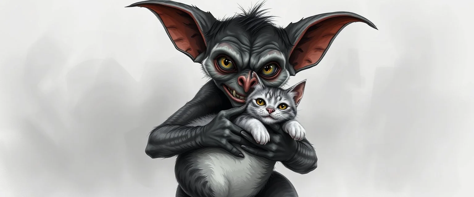 air brush 3d with pen outline, mongrel goblin gremlin holding big cute cat monster with blurred shadow outline, charcoal fog border