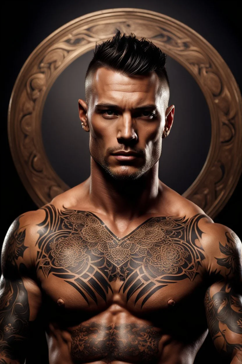 portrait of a 35 year old Handsome muscular male with light bronze skin adorned with tattoos. short hair. neatly trimmed beard. Dark fantasy. photorealistic