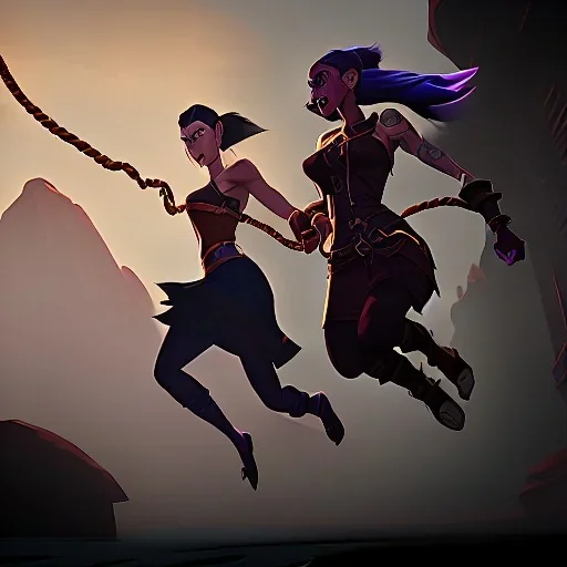 Two women skipping with a rope, demons and angry gods fight in the background, in the style of a Michael Moorcock book cover.