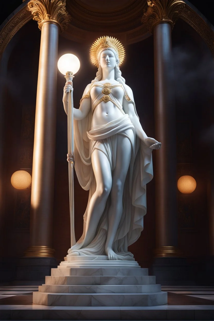 highly detailed marble and jade statue on a plint of the roman goddess of the sun holding the sun in her hands. . sun halo around head. face of a model. beautiful legs. beautiful feet. tiny bosom. full body shot, volumetric fog, Hyperrealism, breathtaking, ultra realistic, unreal engine, ultra detailed, cyber background, Hyperrealism, cinematic lighting, highly detailed, breathtaking, stunning temple environment