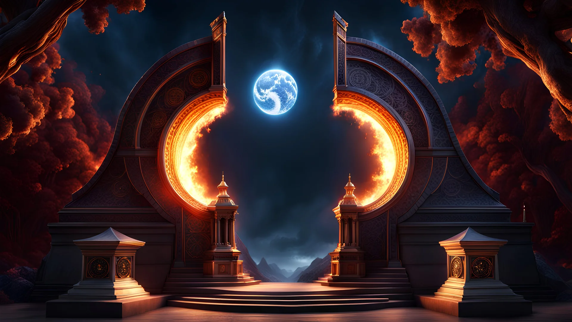 The two portals to Heaven and Hell. Good and Evil. Life and Death. fantasy concept art, exquisite realism, a masterpiece, dynamic lighting, hyperdetailed, intricately detailed, deep color, Unreal Engine, volumetric lighting , Epic cinematic brilliant stunning intricate meticulously detailed dramatic atmospheric maximal,