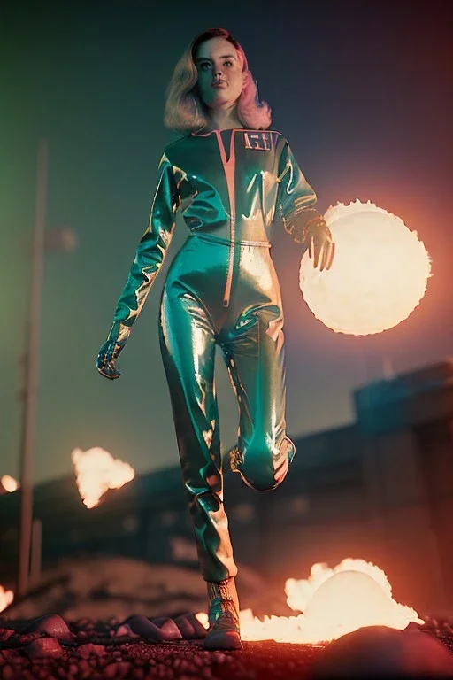 retro sci-fi portrait image from 1980, supermarket explosions, fire, people running, sweet young blonde woman walking, tight latex suit, soft color, highly detailed, unreal engine 5, ray tracing, RTX, lumen lighting, ultra detail, volumetric lighting, 3d, finely drawn, high definition, high resolution.