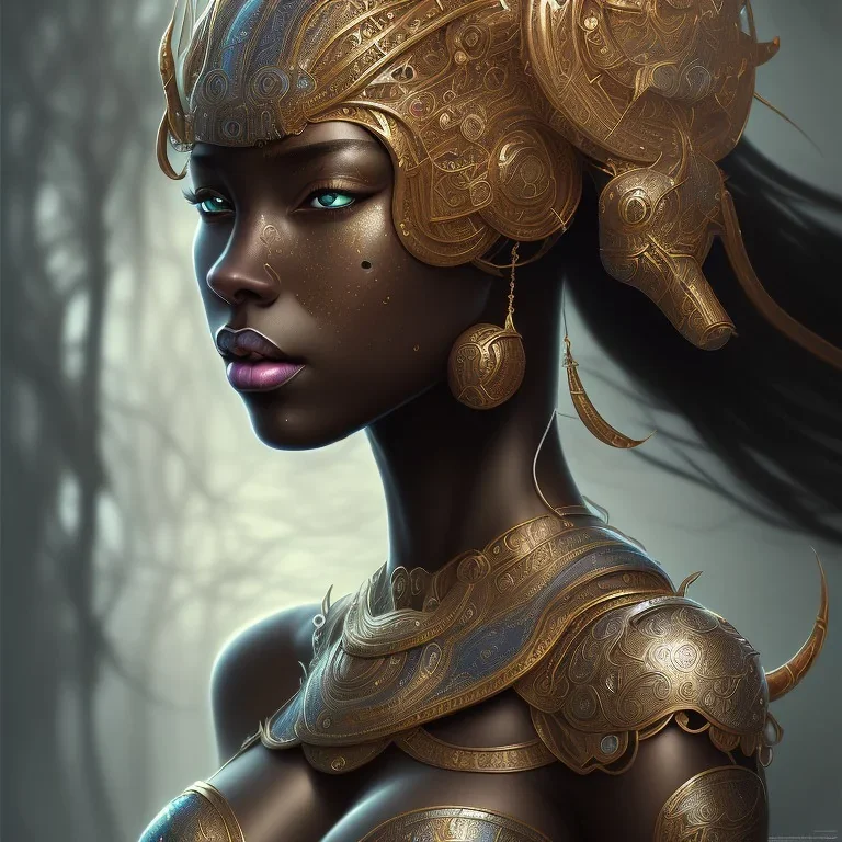 sango fantasy, fantasy magic, intricate, sharp focus, illustration, highly detailed, digital painting, concept art, matte, masterpiece head sexy lady body black African beauty space lady black leopard skin one head African snow background