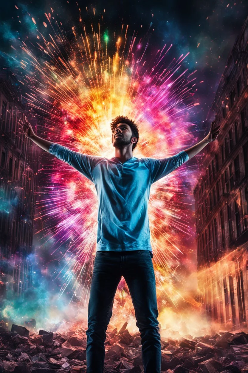 Young man standing, with arms raised, in front of an exploding building at night, with coloured auras around him