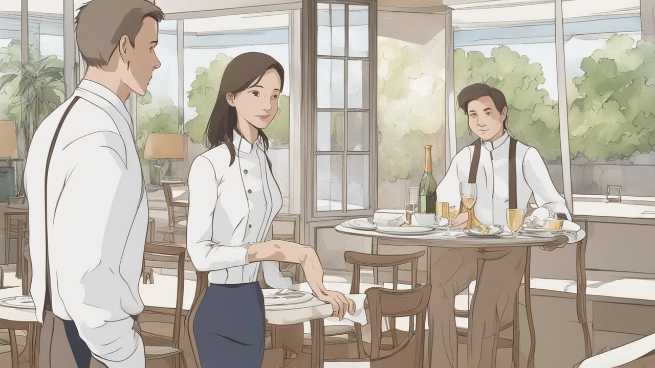 A waiter in a restaurant, a man and his lady