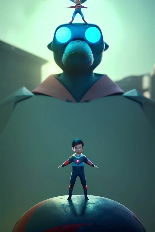 Portrait, cute boy climbed on top of a fat robot, Ultra realistic, retro futuristic style, Science Ninja Team Gatchaman style, wide angle view, soft color, highly detailed, unreal engine 5, ray tracing, RTX, lumen lighting, ultra detail, volumetric lighting, 3d, finely drawn, high definition.