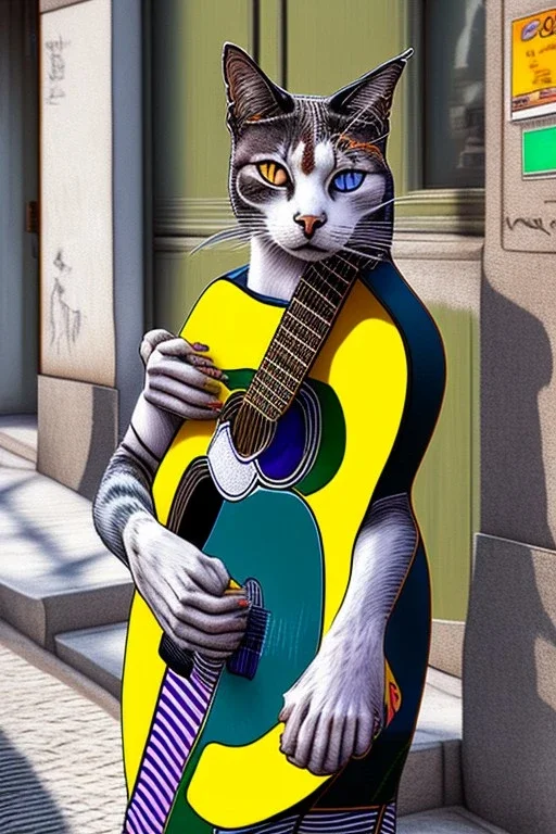 One single mature street cat, friendly, playing guitar, vienna, sunny day, perfect iris, model style, hyper realistic, extremely accurate, delicate, extremely detailed, Graphic novel style, colours, wide-angle, open aperture, superfine pencil