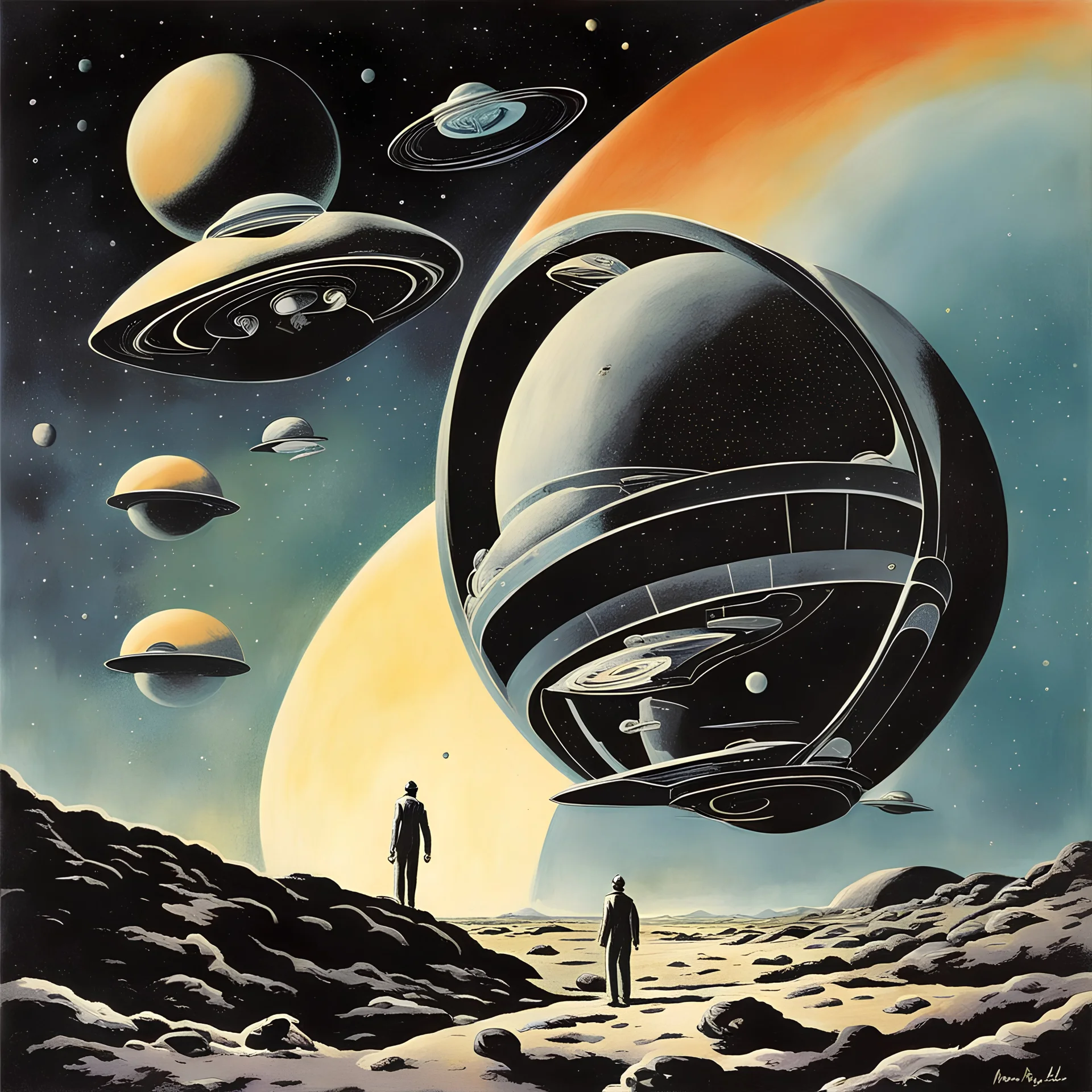 by Norman Bel Geddes, space opera, futuristic surrealism, weird, color ink illustration, dark spacy colors.
