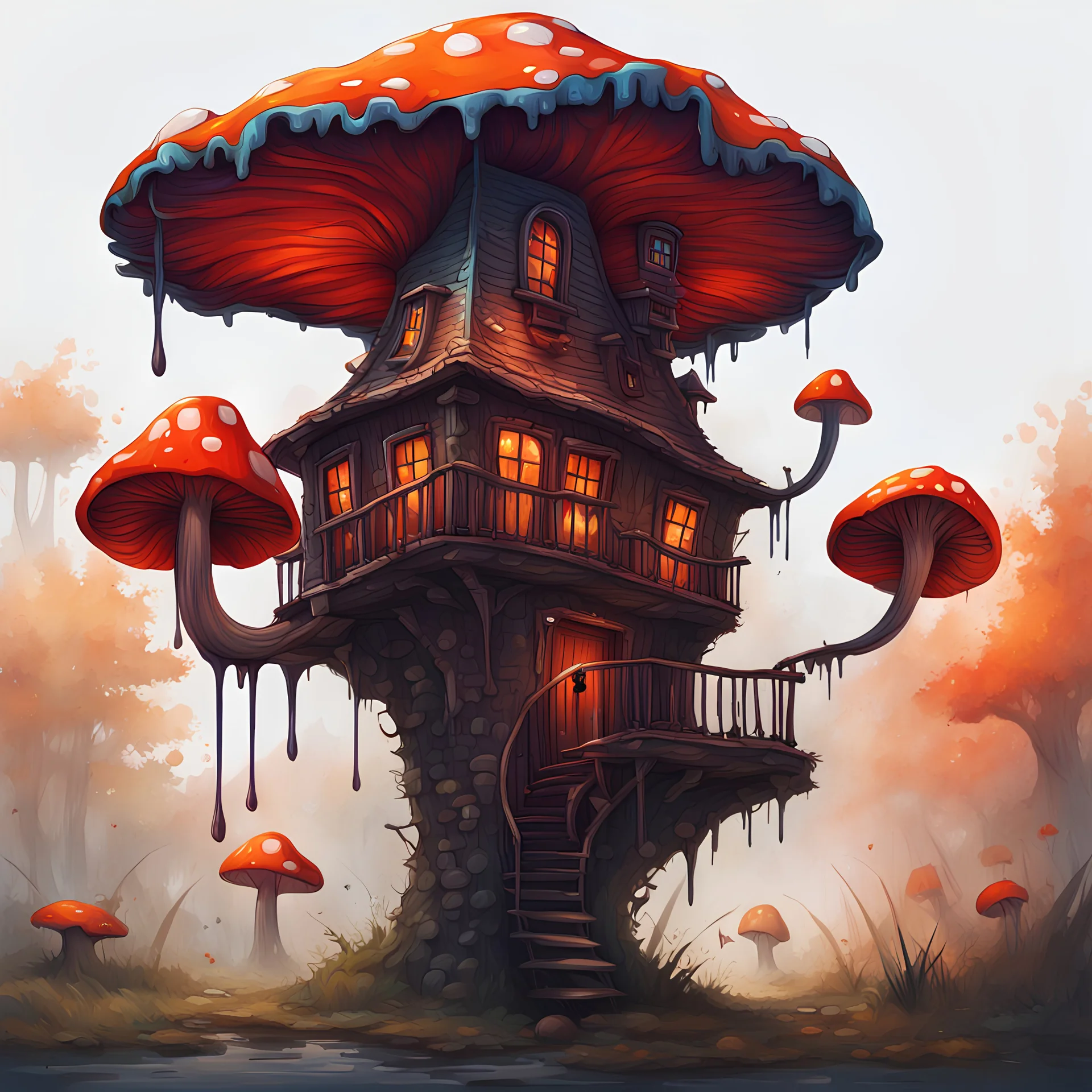 A weird mushroom house with drippy spots on a floating space island. black red orange blue. Detailed gloss Painting, rich color, fantastical, intricate detail, splash screen, hyperdetailed, insane depth, concept art, 8k resolution, trending on artstation