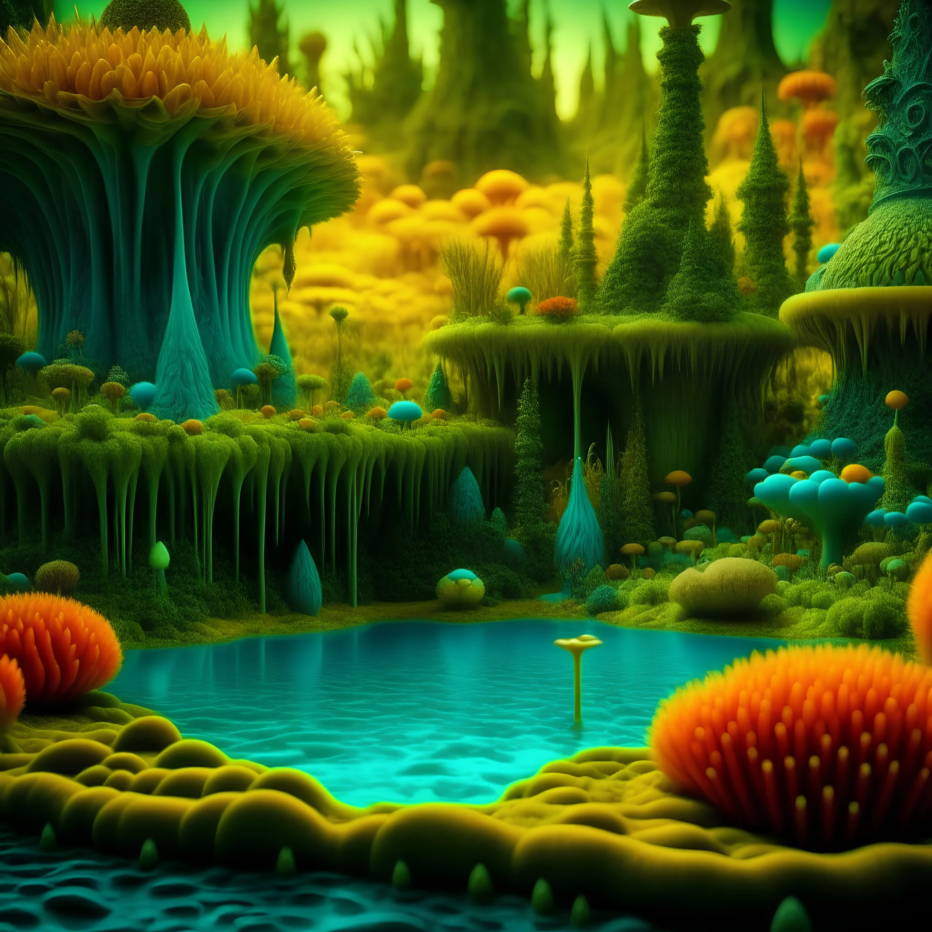 Odd swamp landscape with odd beings surreal abstract Max Ernst style, 120mm photography, sharp focus, 8k, 3d, very detailed, volumetric light, very colorful, ornate, F/2.8, insanely detailed and intricate, hypermaximalist