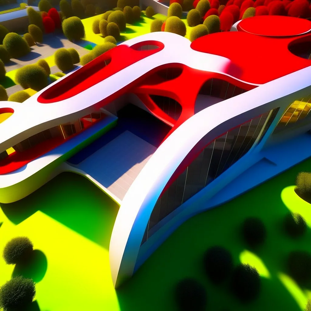 Escuela ecológica futurista, estilo Zaha Hadid, calidad ultra, hiperdetallada, hiperrealista, arte digital, 8k3D, vista aérea, colores blanco, rojo y amarillo