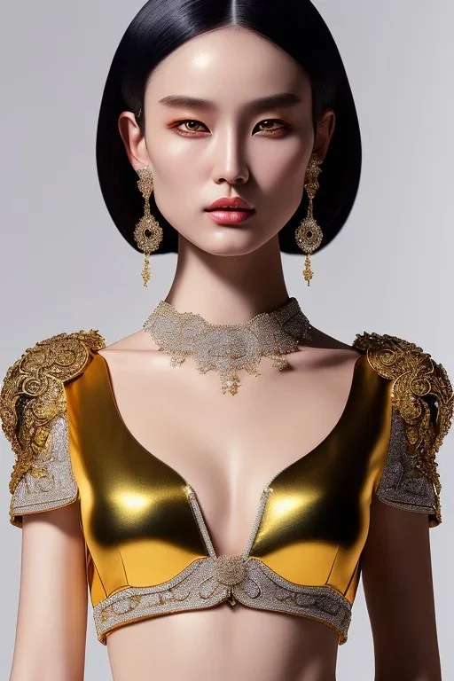 Beautiful perfect Portrait lady, bare muscular midriff chunyu full body shot, full-color long shot skin-tight ornate gold filigree sheer crop top Tshirt and silver leather miniskirt positive space detailed hyperdetailed insane masterpiece picture of the day