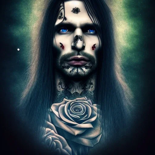 perfect long-haired male Vampire, perfect eyes, full tattoos of roses art and trees extending past face and morphing into galaxy, 8k resolution, high-quality, fine-detail, intricate, digital art, volumetric lighting