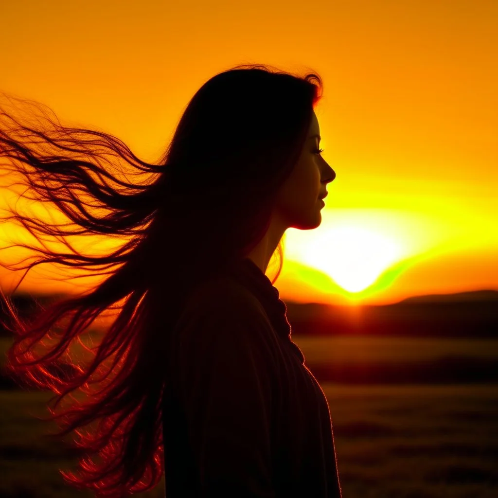 Silhouette of the head of a young lady with long flowing hair in a slight breeze. At sunset in Czech nature.