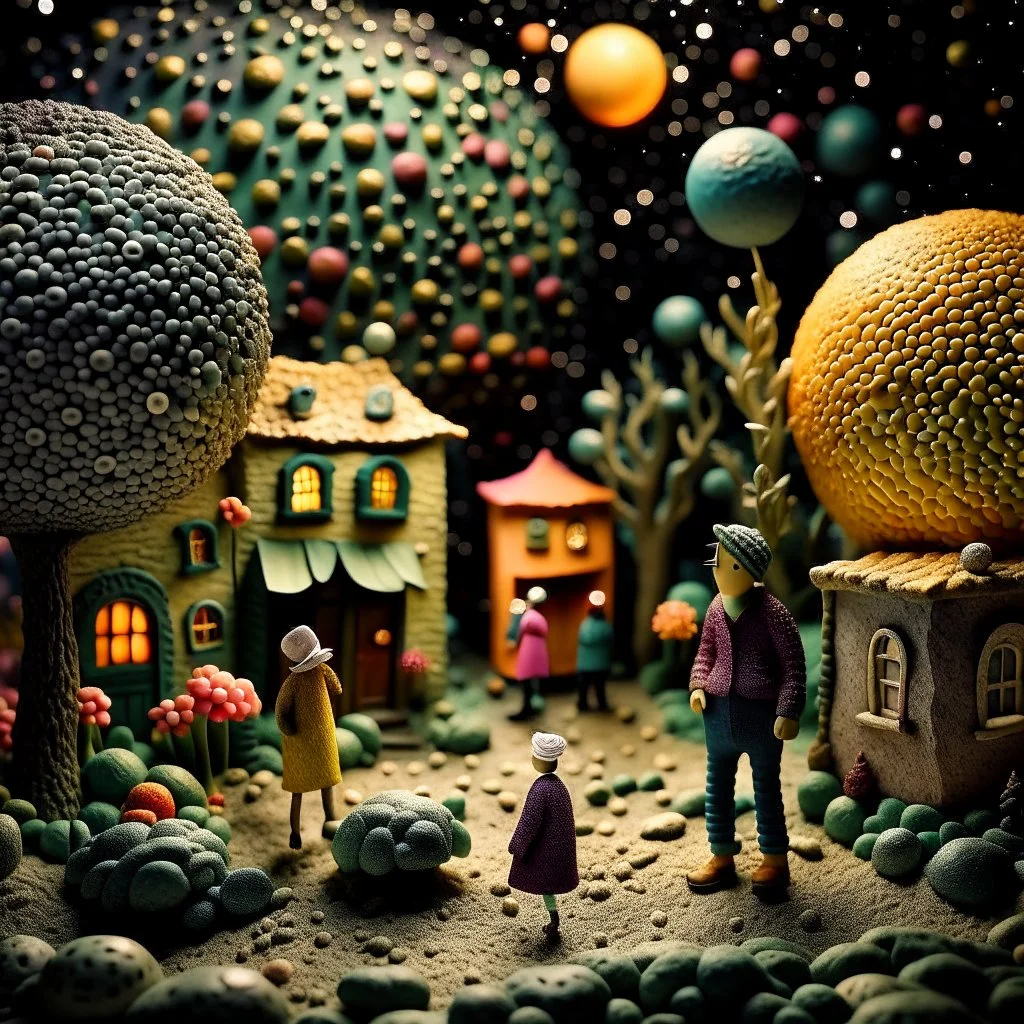 Detailed people, street made of modeling clay and felt, village, stars, galaxy and fog, planets, moon, volumetric light flowers, naïve, Henri Rousseau, strong texture, extreme detail, Yves Tanguy, decal, rich moody colors, sparkles, Harry Potter, bokeh, odd, shot on Ilford