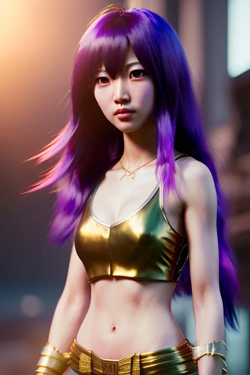 Young asian woman, anime barbarian character, purple hair, gold eyes, long hair gold jewelry, leather, vibrant color, highly detailed, art stations, concept art, smooth, unreal engine 5, god rays, ray tracing, RTX, lumen lighting, ultra detail, volumetric lighting, 3d, finely drawn, high definition, high resolution.
