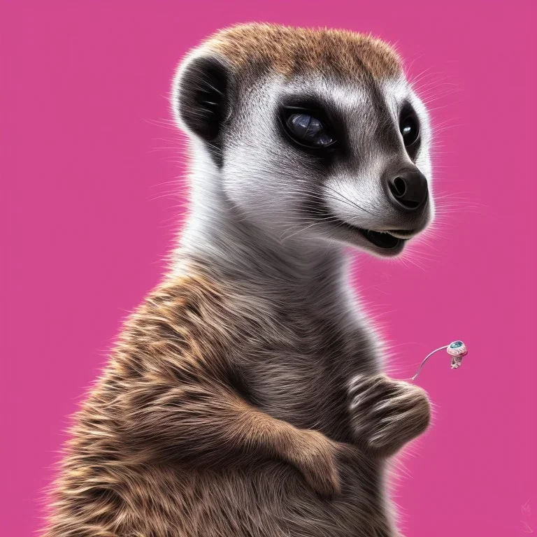 meerkat donut in the mouth, pink background, high details, 8k, hyper realistic