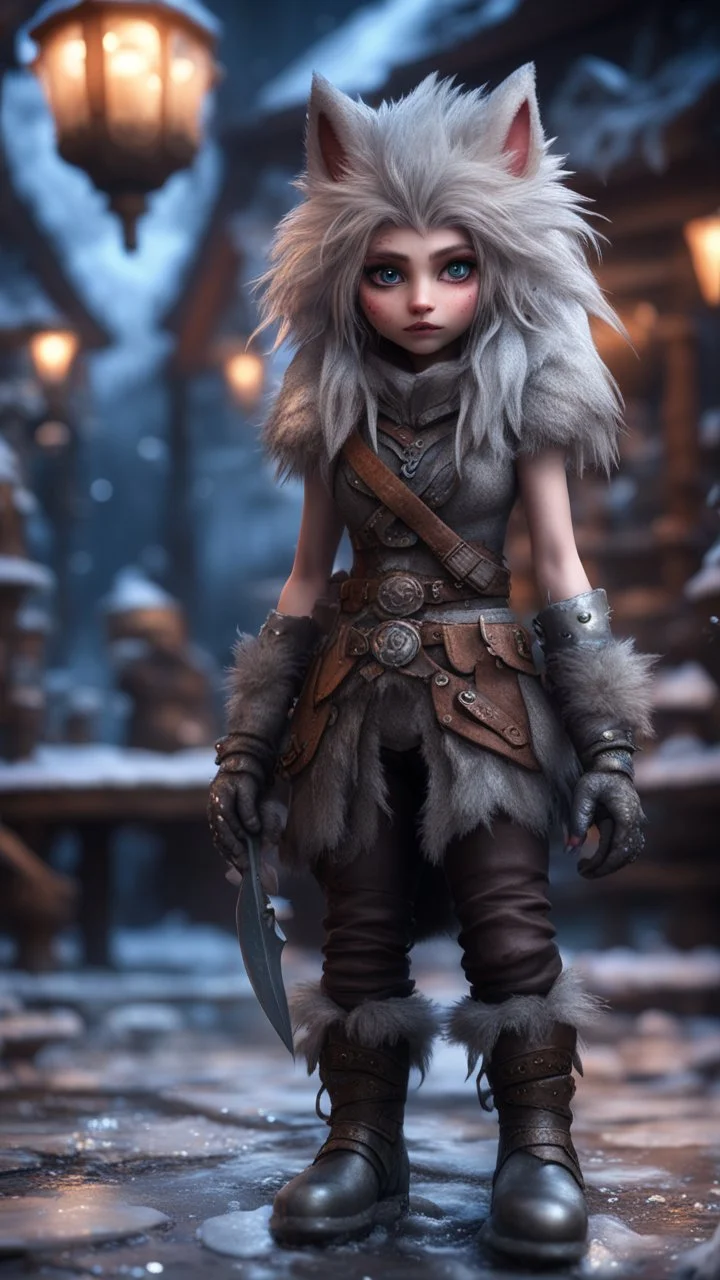 wearable tech, wolfs mane,moon, fluffy boots, full figure with metallic stone gauntlets holding dark jagged dagger, standing on frozen wet tiled floor outside fantasy tavern, focused female brownie vampire gnome from worms armageddon wearing makeup, bokeh like f/0.8, tilt-shift lens 8k, high detail, smooth render, down-light, unreal engine, prize winning