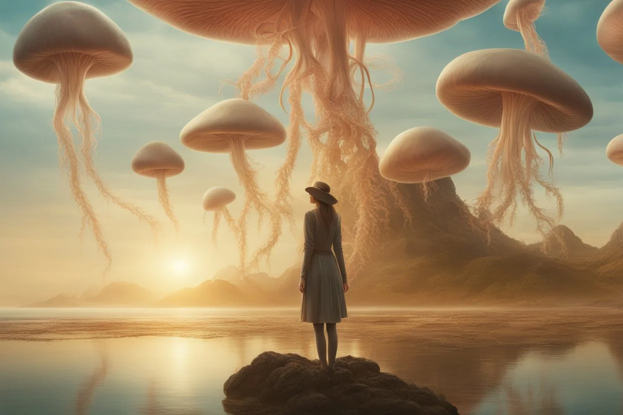 woman standing on the shores of an alien world, with mushrooms with jellyfish tentacles, floating in the air, photorealistic, Detailed Matte Painting, Deep Colour, Fantastical, Intricate Detail, sunshine