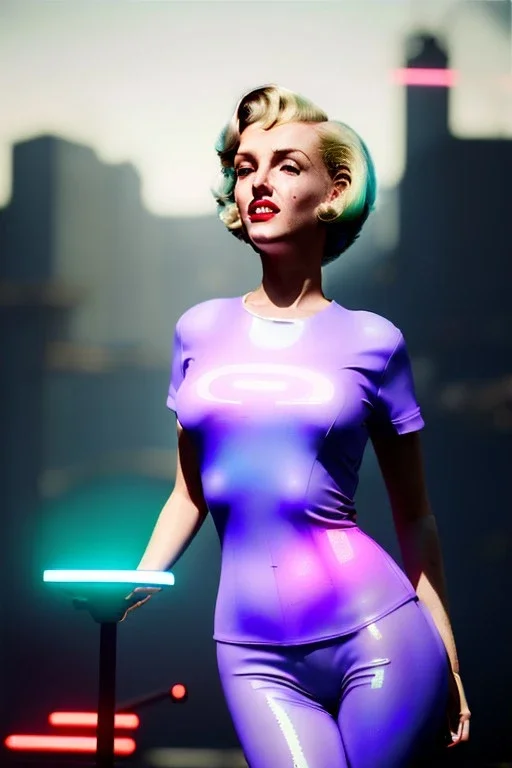 Realistic press image, retro sci-fi, portrait, blonde woman, sweet Marylin Monroe face, perfect iris, glow eyes. tight latex tights suit. Retro Futuristic city, cars flying. epic style, vibrant color, highly detailed, unreal engine 5, ray tracing, RTX, lumen lighting, ultra detail, volumetric lighting, 3d, finely drawn, high definition, high resolution.