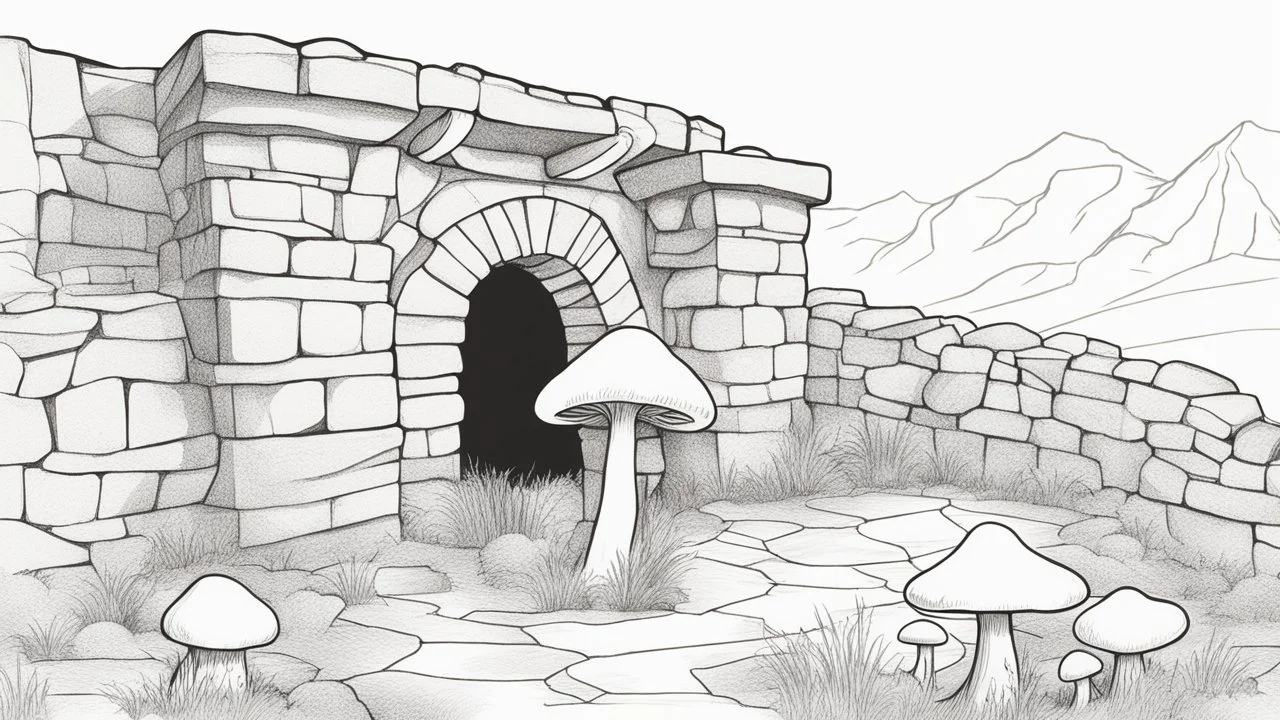 Ground-level outline sketch of a mushroom with octopus tentacles with a crumbling stone wall with an arch behind