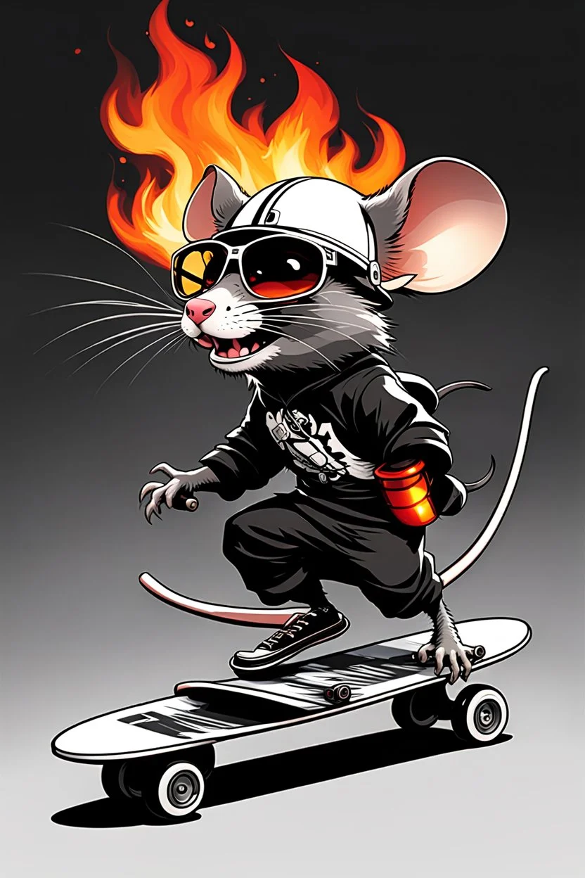 A rat on a skateboard, with glasses and a helmet; the rat laughs; fire coming from behind; cartoon style White ando black colors, with the text "FISCALIA COLOMBIA"