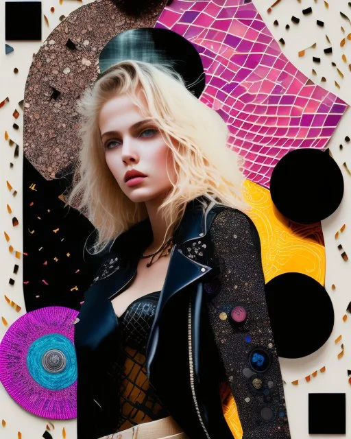 "Midnight Serenade unique" low view angle shot down village road , large close up a beautiful young blonde woman wearing a cool black leather jacket like rocker style and holding a guitar, granite terrazzo motifs with puzzle modern clothing is decorated with colorful filigree abstract, Collage chutes papiers magazines,Spirograph background by Nisa Kiley, Textile Artist