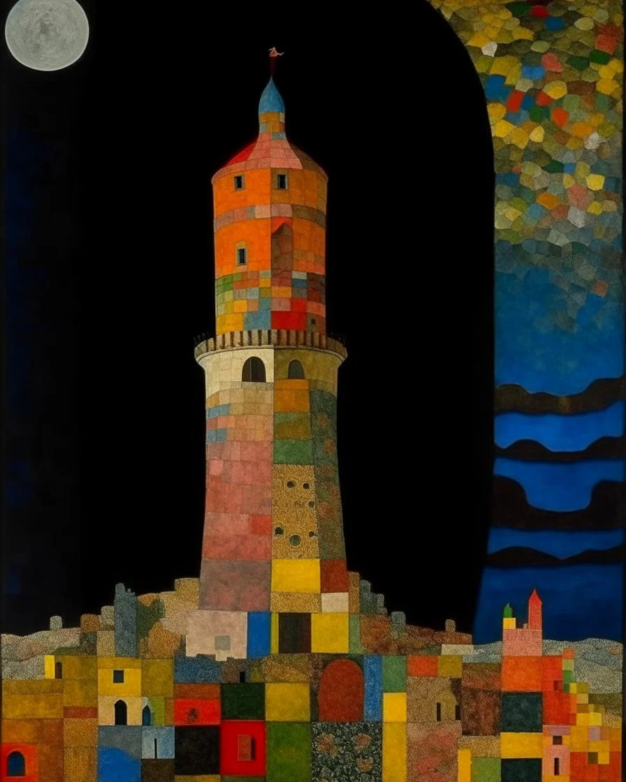 A flesh colored tower in a tempest storm designed in ancient Greek mosaics painted by Paul Klee