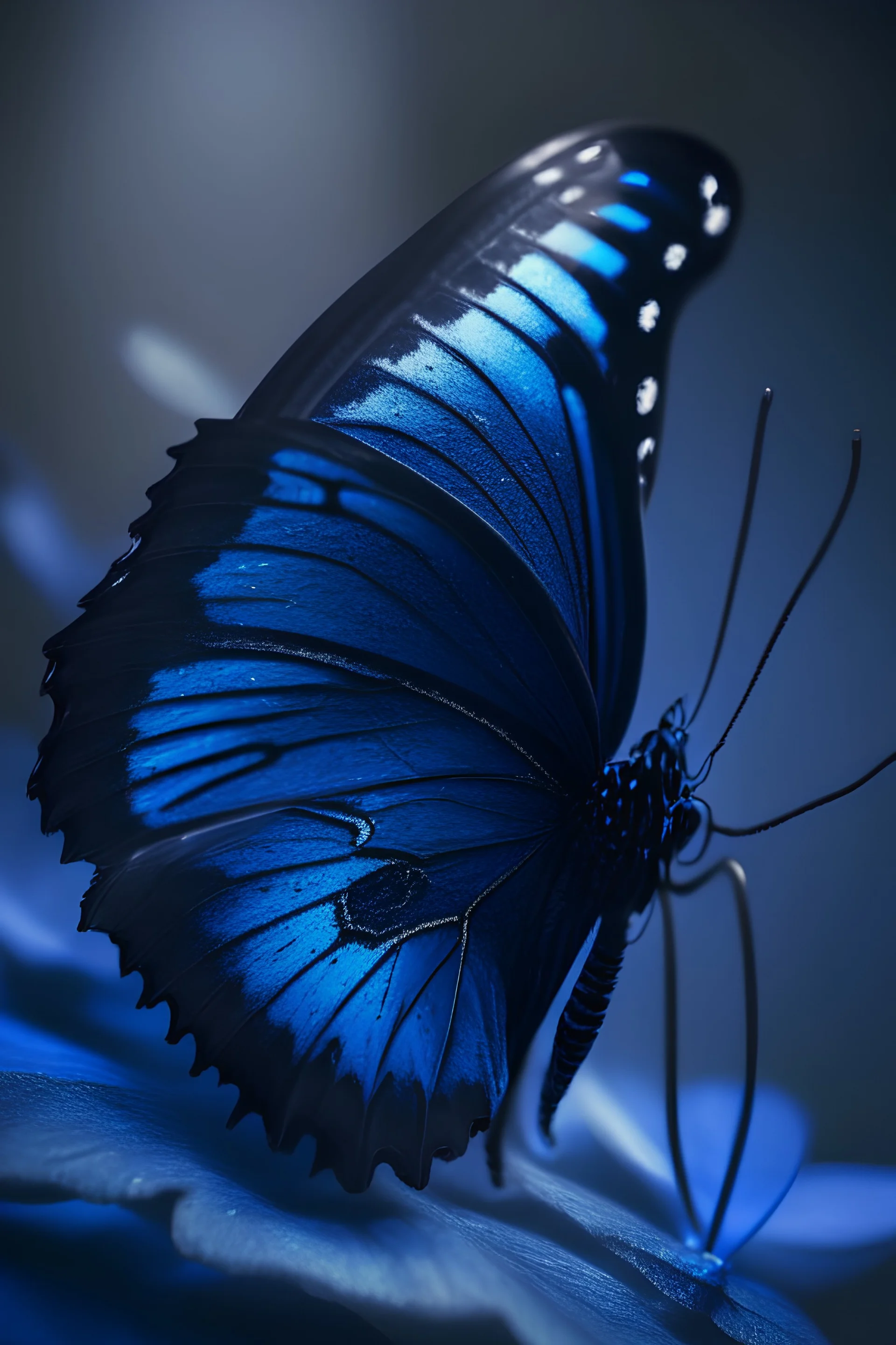 Black and dark blue butterfly,8k,sharp focus,hyper realistic, sony 50mm 1.4