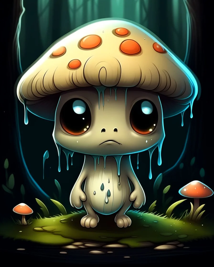 A melancholic creepy kawaii mushroom with a tiny, frowning mouth and big droopy eyes, sitting on a mossy log in a quiet and peaceful forest, lost in its own thoughtsto add personality, outline