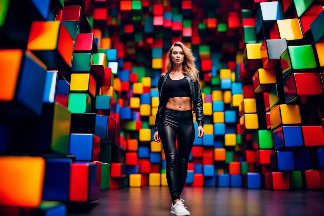 beautiful lady with todays modern clothing and sport shoes, in surreal stage made of fractal random size cubes with helical strip colors in clothing similar to environment full body posing to camera,animating background metallic random color cubes