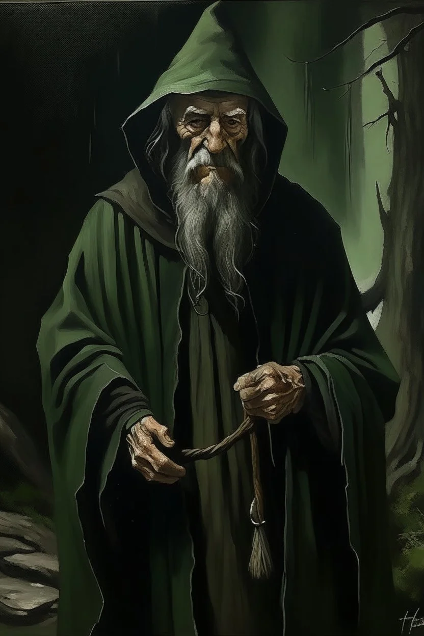 1970's dark fantasy cover dnd style oil painting of an old herbalist hobo like hero using a dark green cloack with sport outfits with minimalist monotone black far perspective.