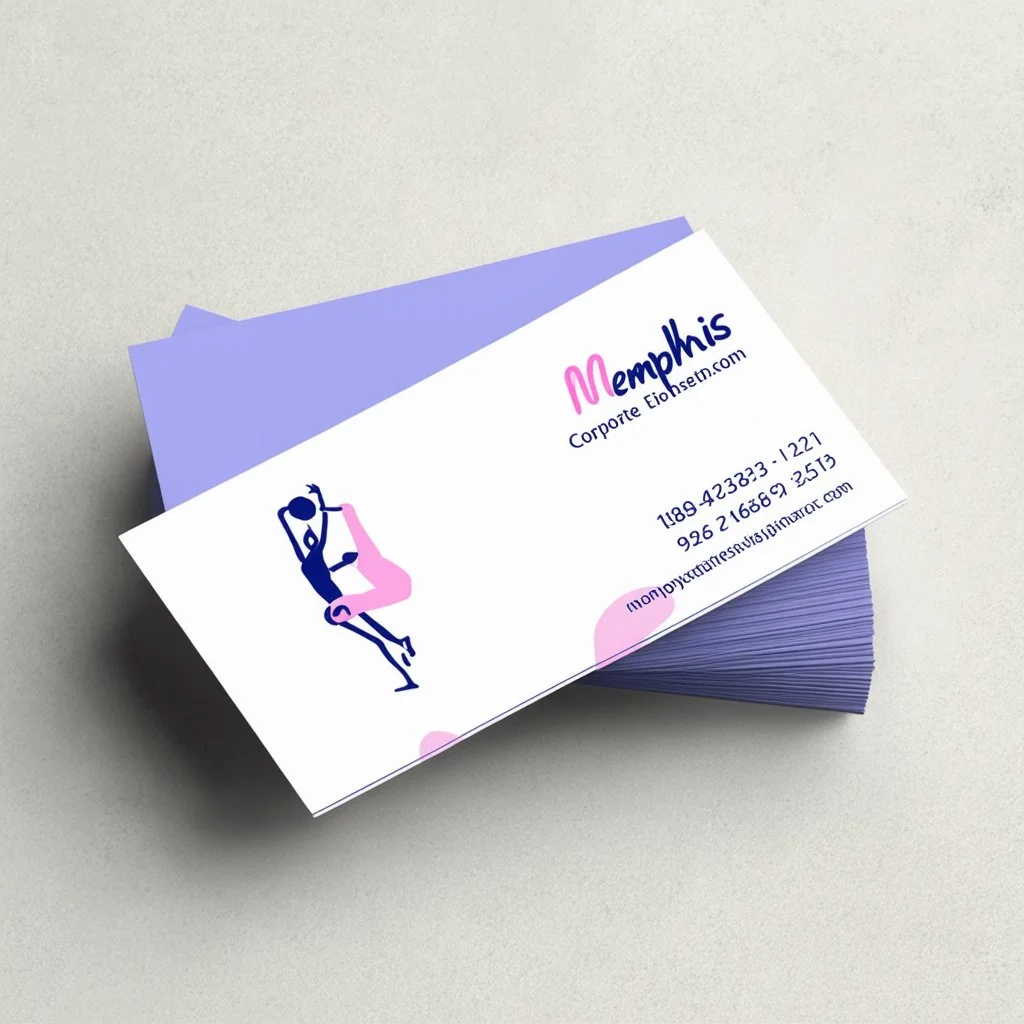 Business card design for a physio featuring a small, friendly line-art illustration of a person stretching. Style: Minimalist vector illustration, "Corporate Memphis" art style but refined. Colors: Pastel pink, lavender, and royal blue accents. Background: Off-white. The design is playful and inviting but distinctively medical and professional. High detail, 4k, photorealistic mockup on a stone surface.