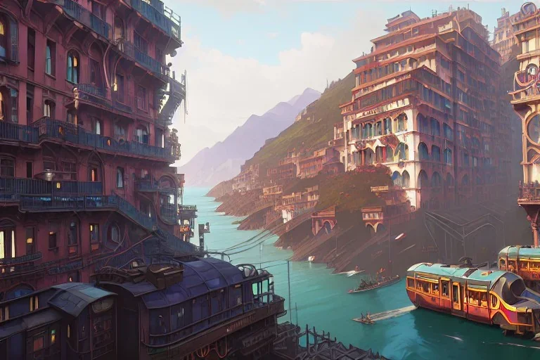 close up train+Elevated train+riomaggiore corner building+Italian colourful sea village +alphonse mucha, greg rutkowski,matte painting, cryengine, hyper detailed, felix kelly, fantasy art, seb mckinnon