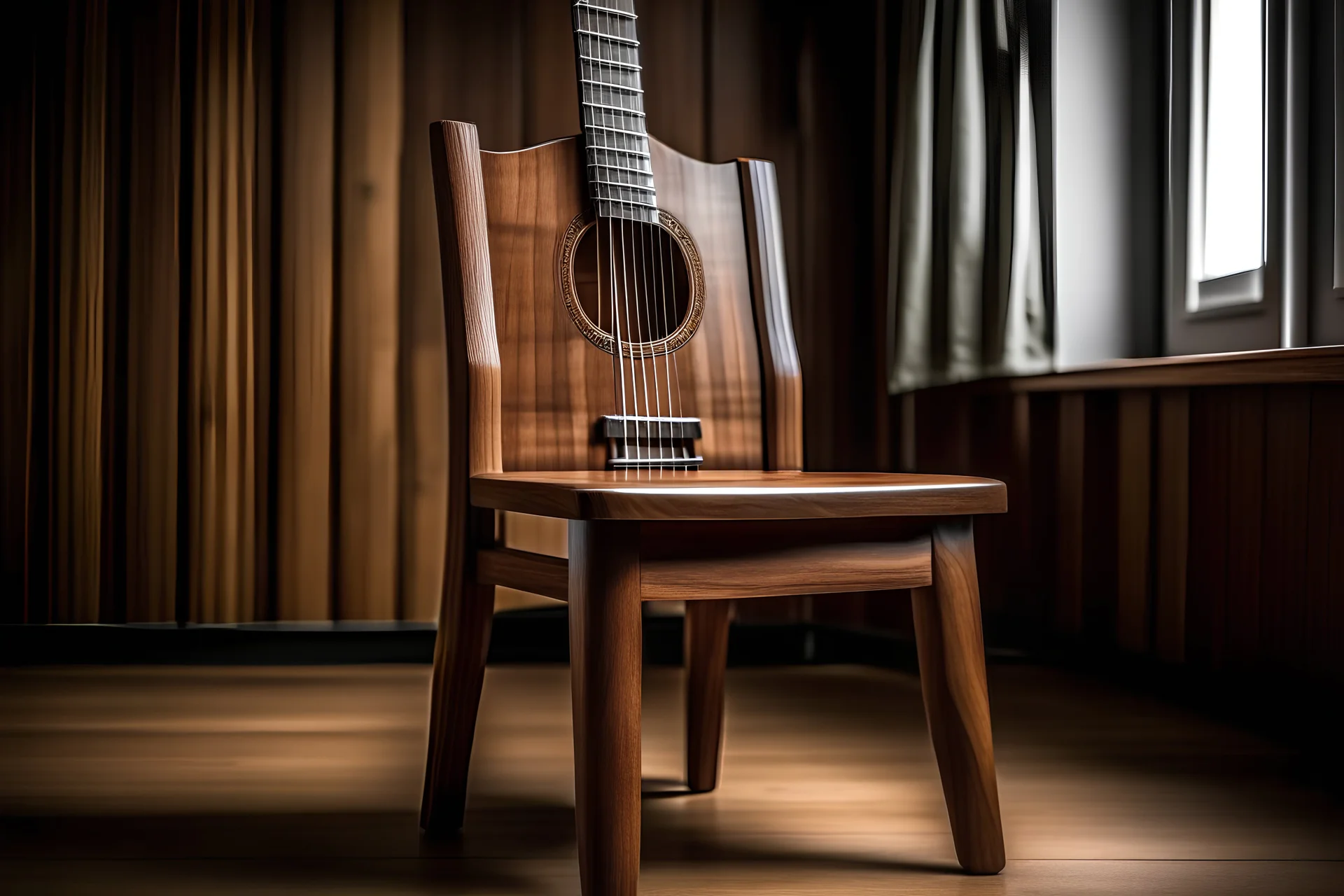 UNA GUITARRA PARADA EN UN ASIENTO DE MADERA C AMPESINO