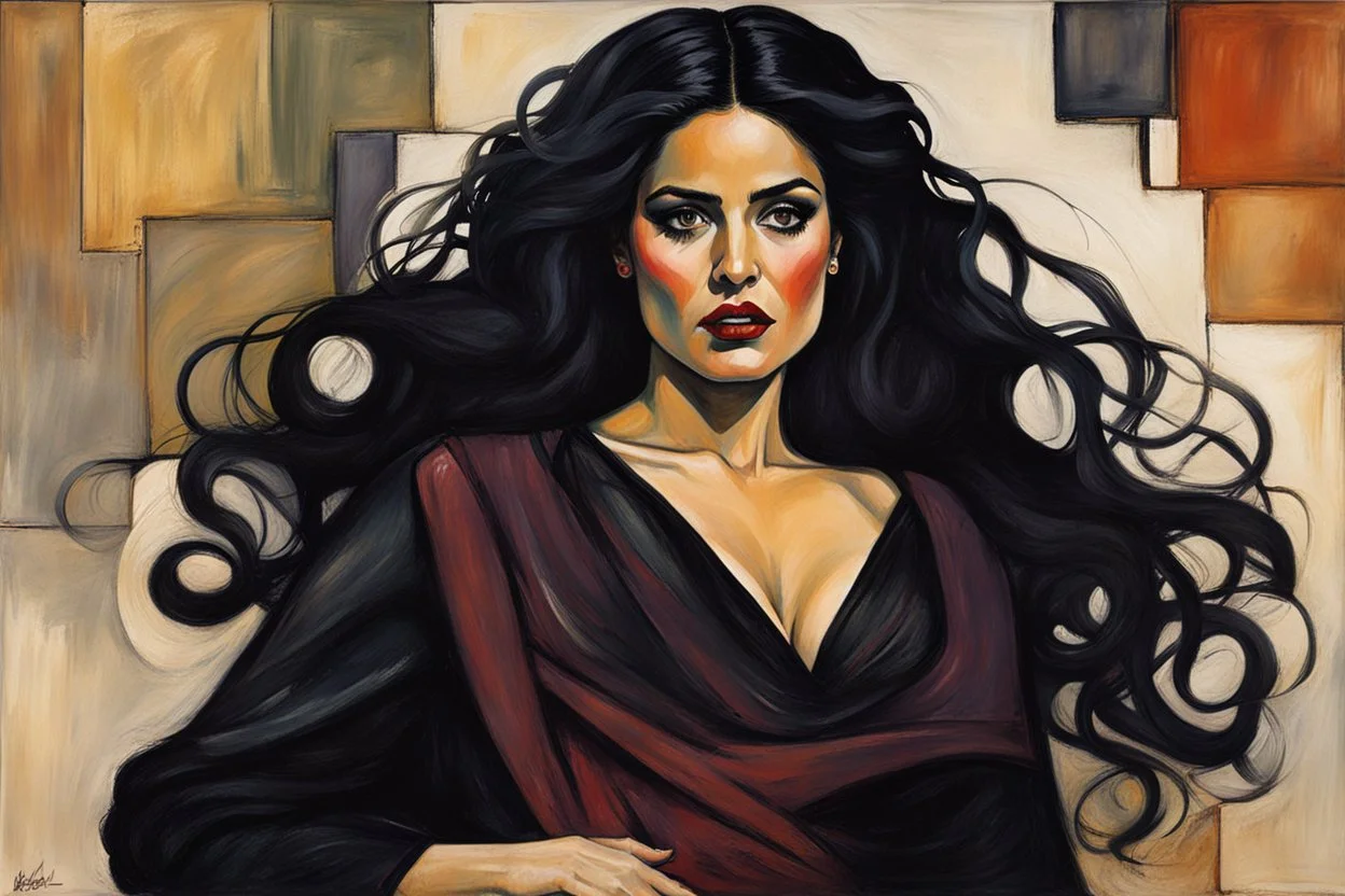 Painting of Salma Hayek as a Goth vampire girl, in the Expressionist style of Egon Schiele, Oskar Kokoschka, and Franz Marc, in muted natural colors