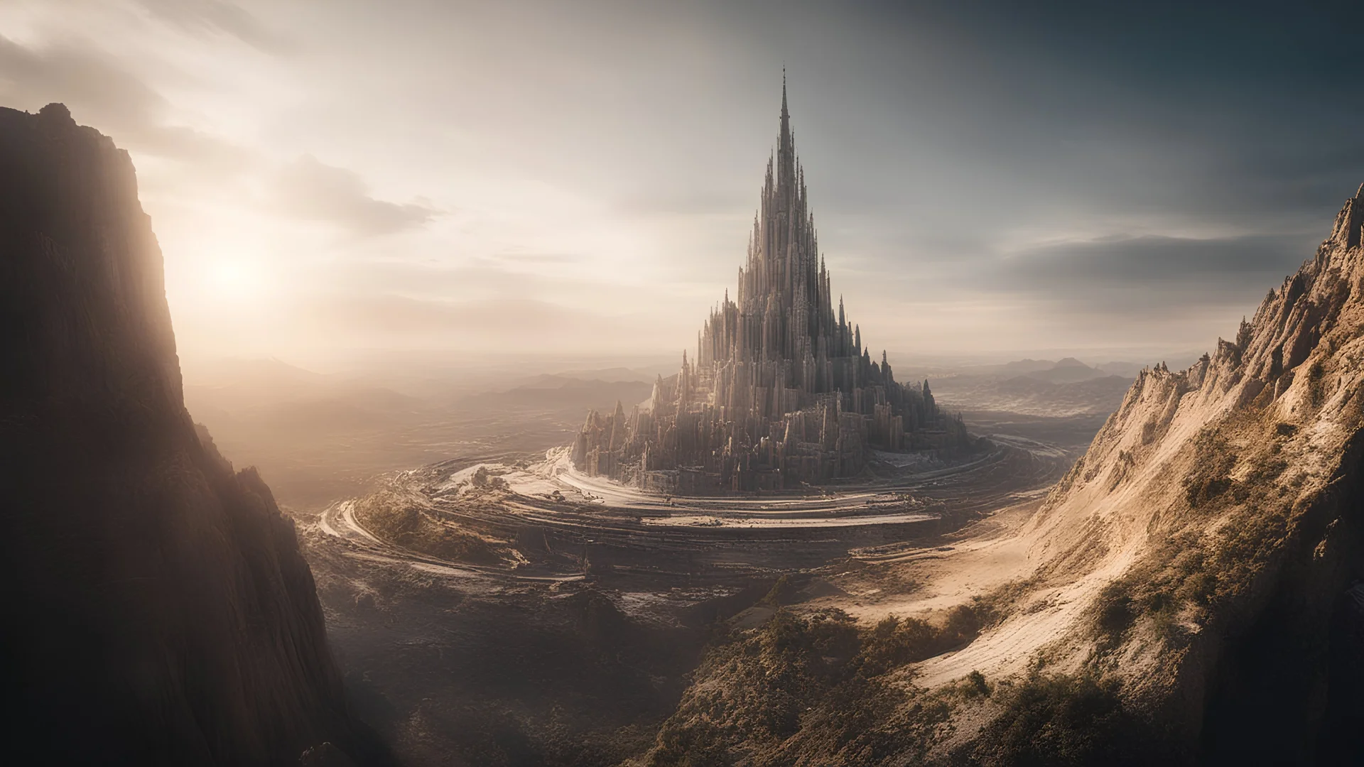 Photoreal magnificent low angle shot of an enormous heavenly spire mountain on the horizon with a circular city spinning around its peak at golden hour by lee jeffries, otherworldly creature, in the style of fantasy movies, photorealistic, shot on Hasselblad h6d-400c, zeiss prime lens, bokeh like f/0.8, tilt-shift lens 8k, high detail, smooth render, unreal engine 5, cinema 4d, HDR, dust effect, vivid colors