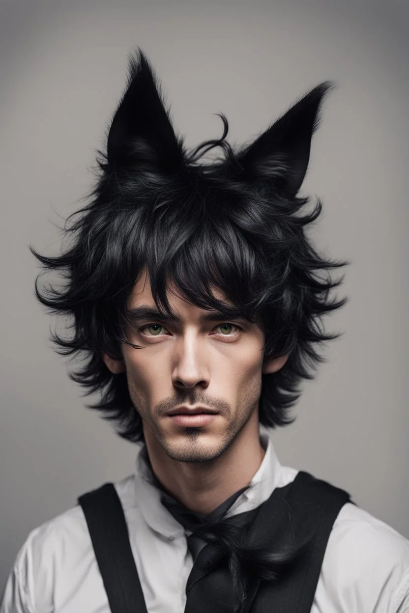 An adult man with messy black hair, large black cat ears and tail