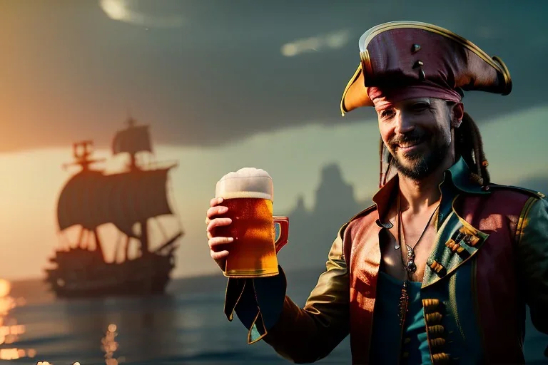 Ein Pirat, der vor seinem Schiff steht und ein Glas Bier in der Hand hält. Im Hintergrund sieht man ganz viele Zitrusfrüchte herumliegen. Das Bild soll ein gelblichen Ton durch den Sonnenuntergang haben. Realistisches Bild 4K. Cyberpunk