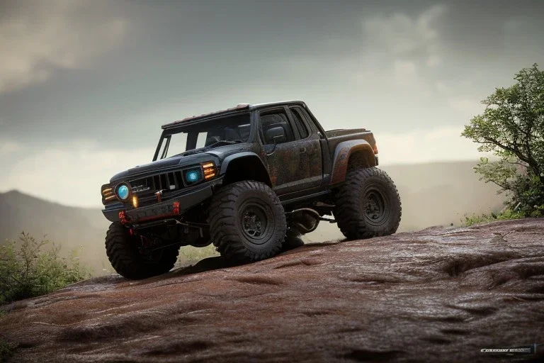 redshift style, photorealistic macro shot, black toy RC off-road trucks climbing a very steep huge boulder, earth color palette, sunset, sharp focus, puddle reflection, refraction, god rays, very rocky terrain, very huge boulders, boulders, detailed and intricate, intense cinematic composition, tilt shit photography