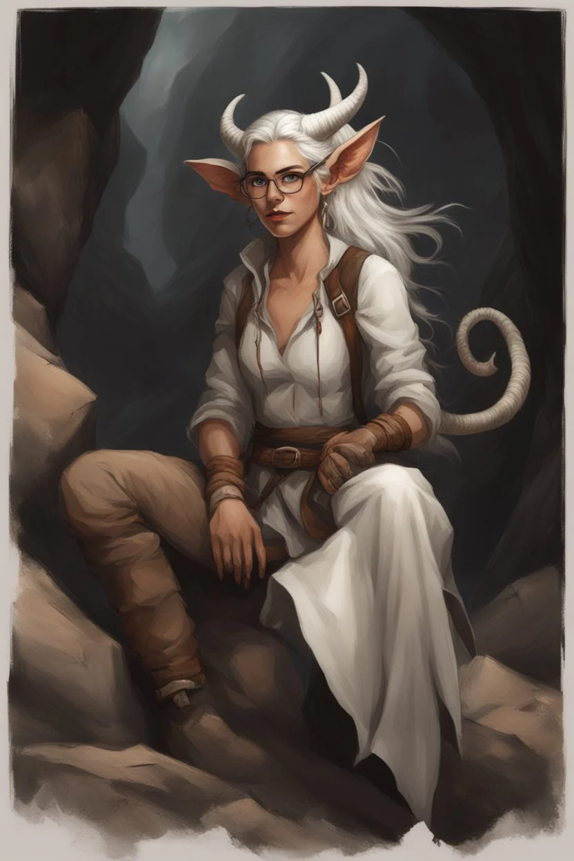 A realistic rendering of a Dnd character with a long tail and small horns in a dark cave. A female Tiefling archeologist with white skin, white hair wearing glasses, in brown adventurer's clothes. Cunning, beautiful, cool.