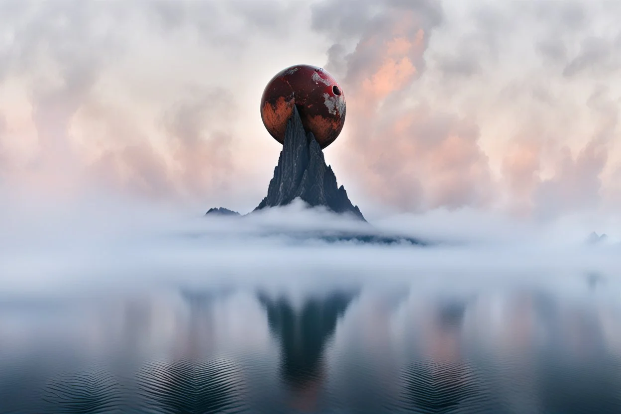 a single mountain peak rises up, a calm sky in the background. The tip of the mountain is embedded into an orb, cracked and bleeding