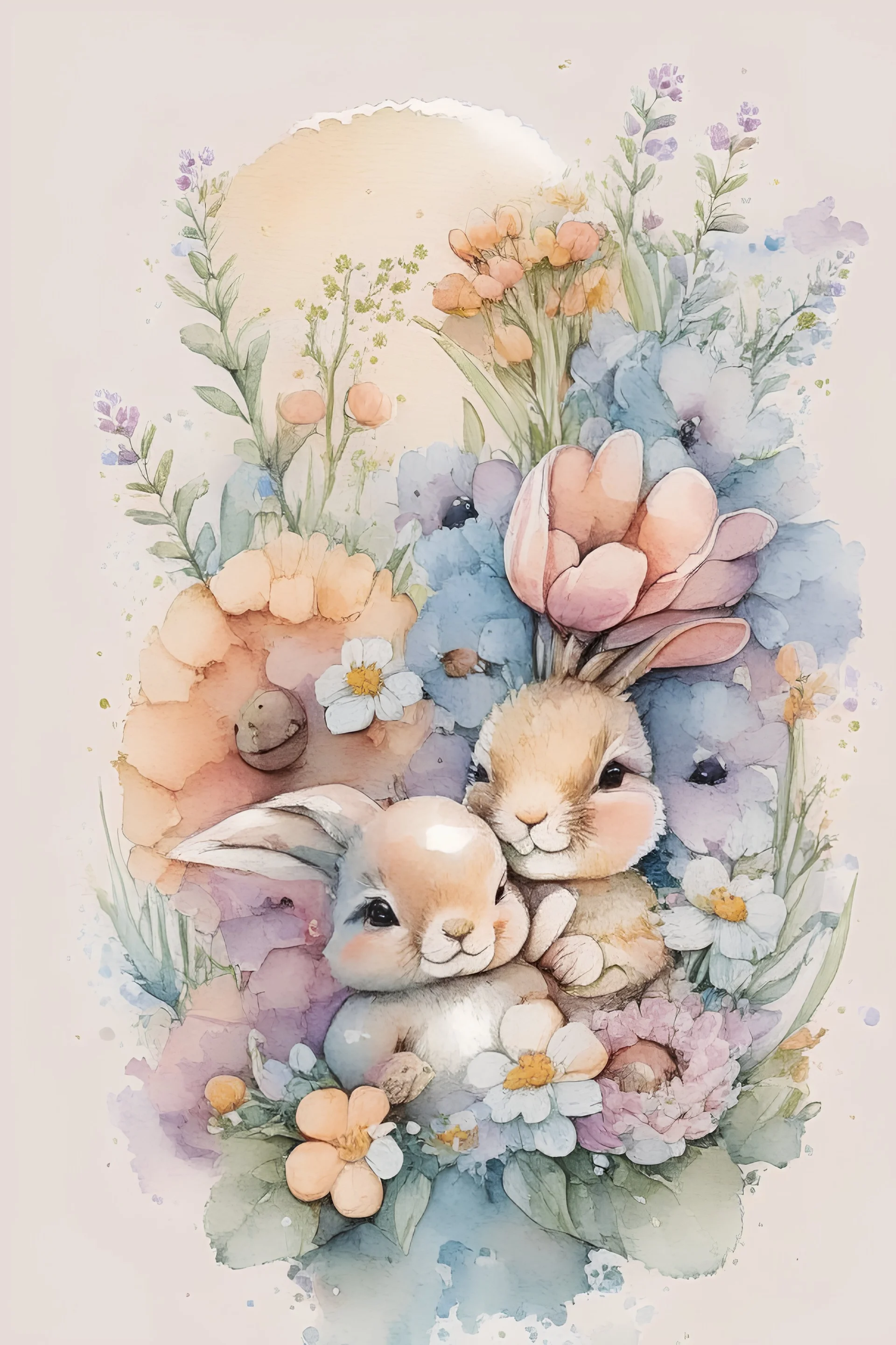 A high-quality watercolor style of a bundle flowers surrounding a cute baby and smiley bunny