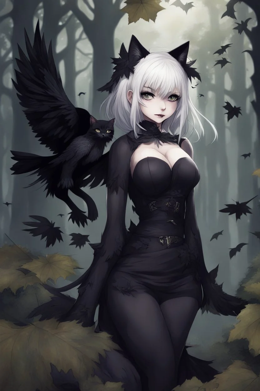 CAT GIRL, goth, forest, nature, cartoon, leaves, half black half white hair, boobs, ravens