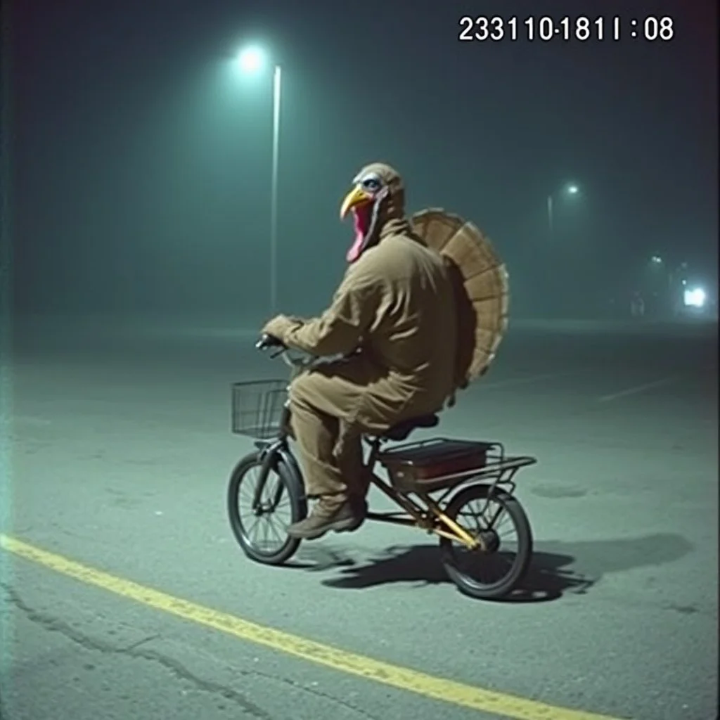 low res, low quality security cam with security cam digital artifacts and time stamp, high film grain, man dressed in a dirty torn full body turkey costume caught in security cam riding a small tricycle at night on a foggy night in an empty parking lot, found footage horror, low contrast, night vision, static hazy atmosphere