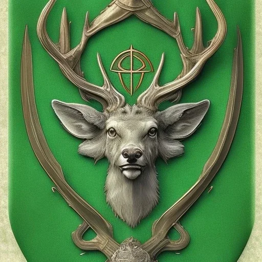 coat of arms of an elvish forest city with a stag on it, very detailed, green