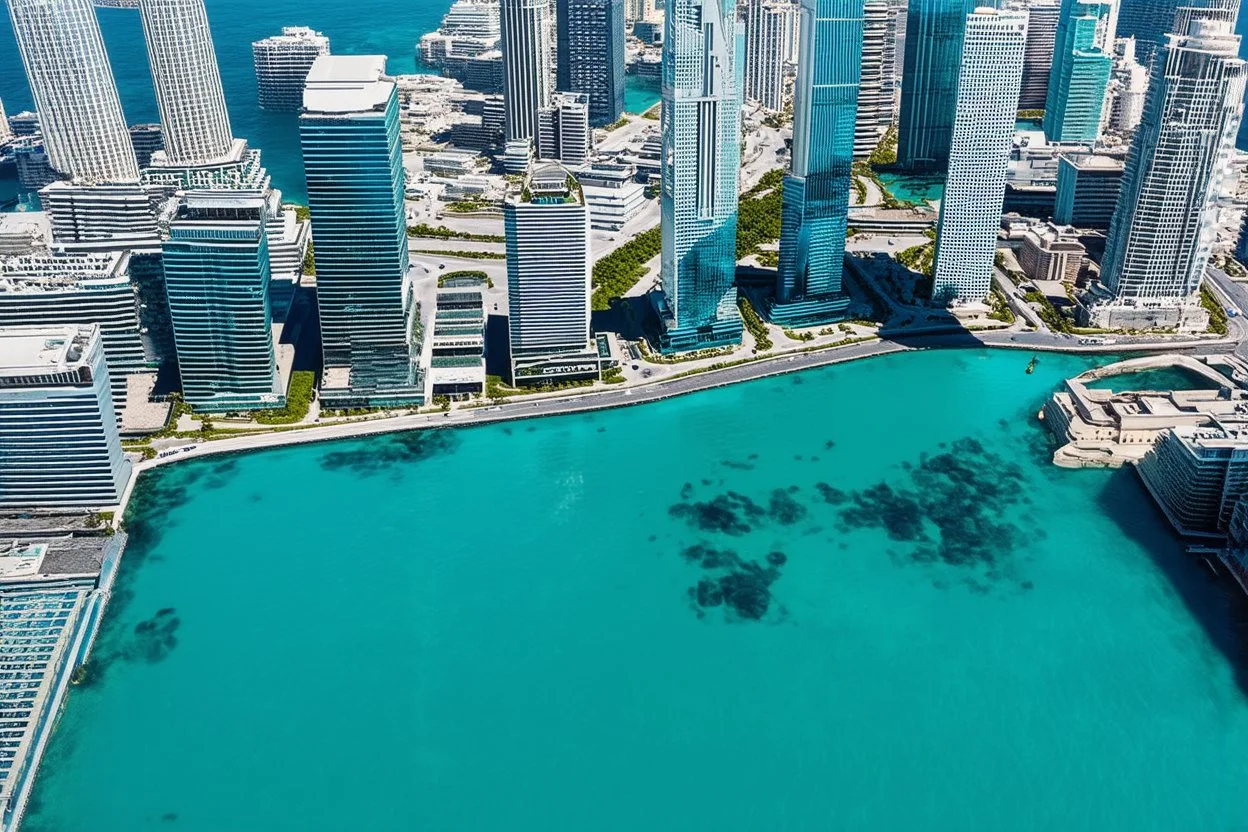 There is a city with a lot of tall buildings. Most of the tall buildings are submerged in ocean. Just a few portions of tall buildings are above the water.