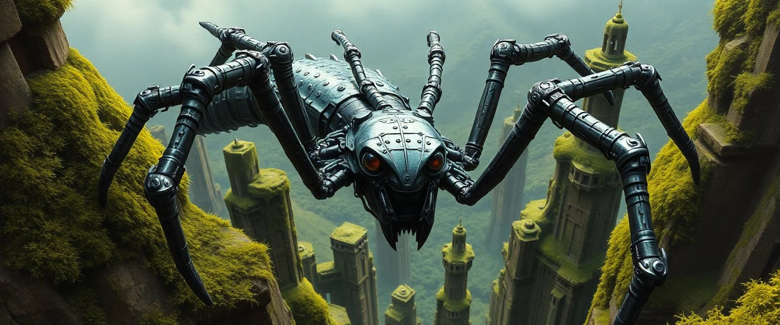 the weird face smart human nerd of a cyberpunk dragon spider cult robot with charm in web from mossy tower, master oil painting by Rembrandt and Escher, moss covered space station, brightened edges to give a sense of depth