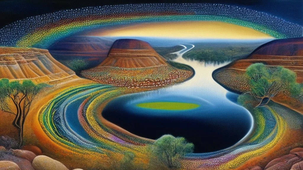 Dreaming Dreamtime Everywhen world-dawn ancestral past ancestral present unfixed in time abiding events serpent rainbow flat earth heavy rainstorms hills gorges creeks rivers kimberley