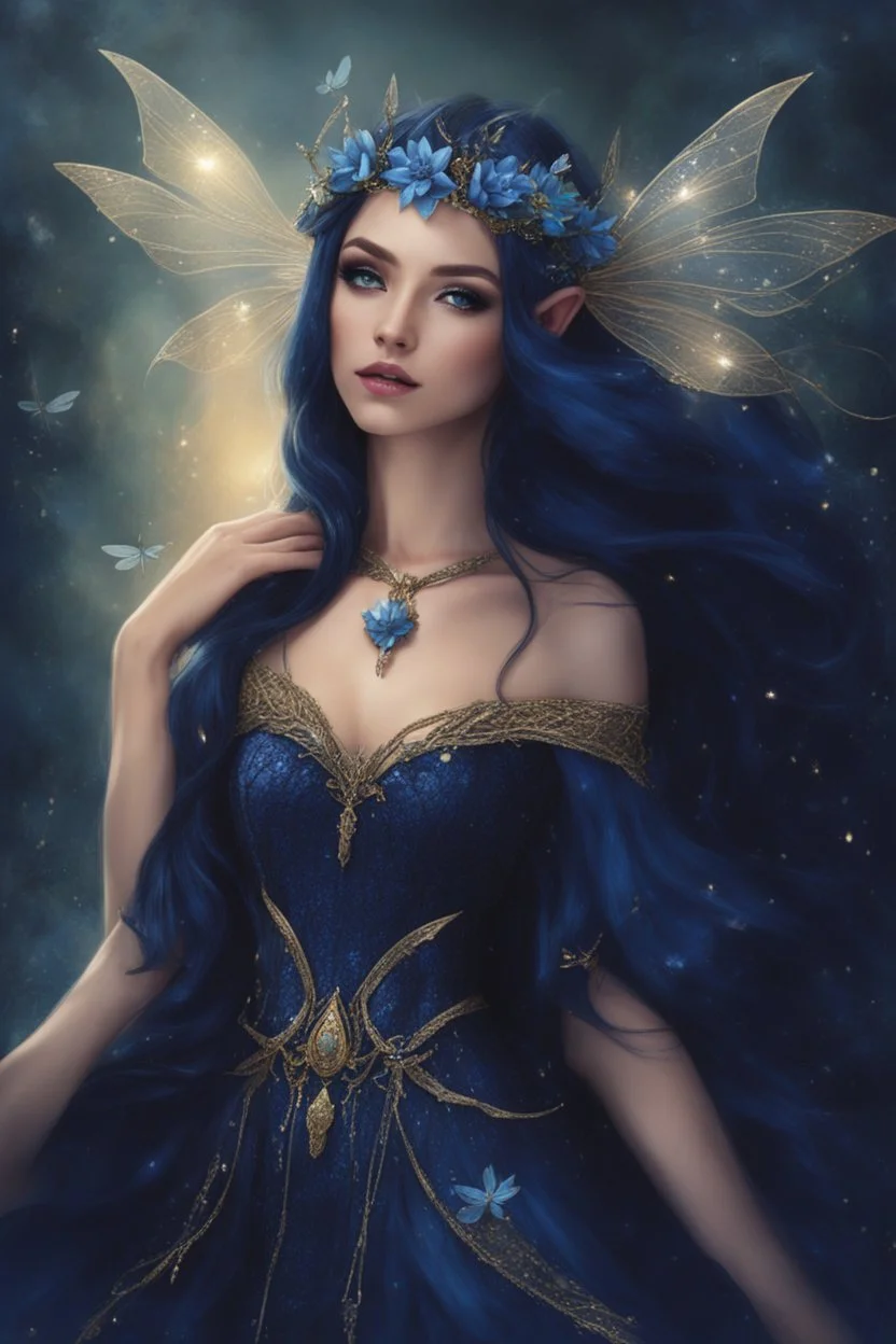 Midnight blue,Dark blue hair,night,dark fairy princess ,elven crown,elven ears,sparkle,glitter,gold armor,dragonflies,rapunzel hair,water lilies